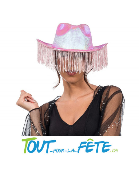 chapeau de cowboy rose irisé avec franges