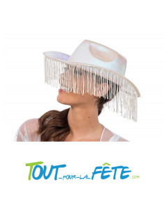 chapeau de cowboy blanc irisé avec franges 2