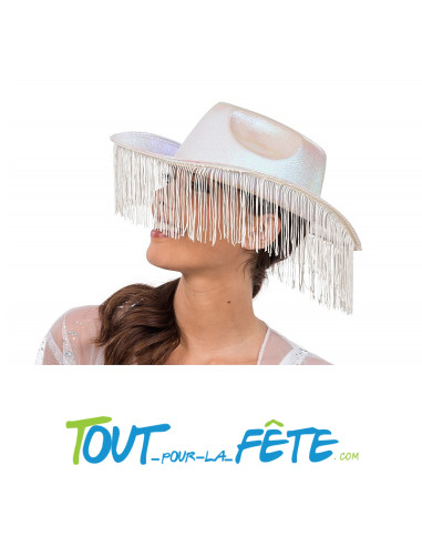 chapeau de cowboy blanc irisé avec franges