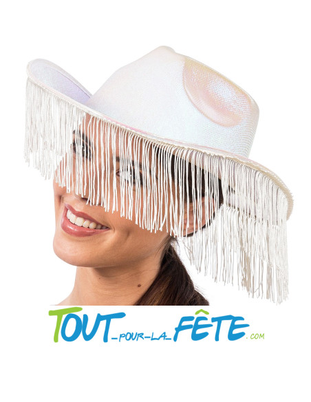 chapeau de cowboy blanc irisé avec franges