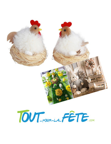 Poule blanche dans nid 7 cm x 8 cm