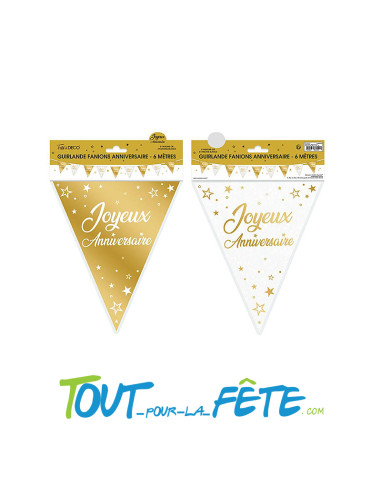 Guirlande fanions joyeux anniversaire or et blanc 6m