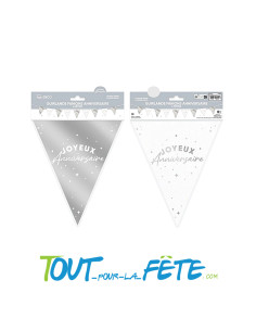 Guirlande fanions joyeux anniversaire argent et blanc 6m