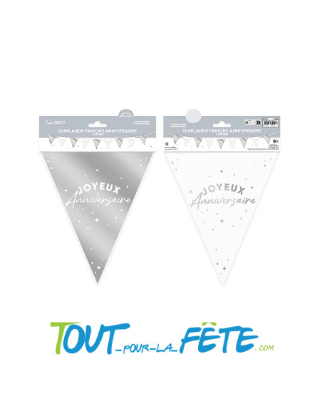 Guirlande fanions joyeux anniversaire argent et blanc 6m
