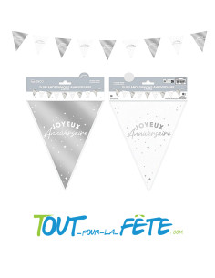 Guirlande fanions joyeux anniversaire argent et blanc 6m 2