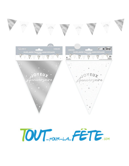 Guirlande fanions joyeux anniversaire argent et blanc 6m