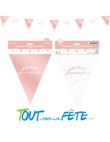 Guirlande fanions joyeux anniversaire rose gold et blanc 6m