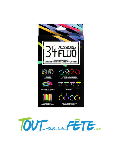 Kit 34 accessoires fluo (bracelets/lunettes/balles/bagues/boucles d'oreilles)