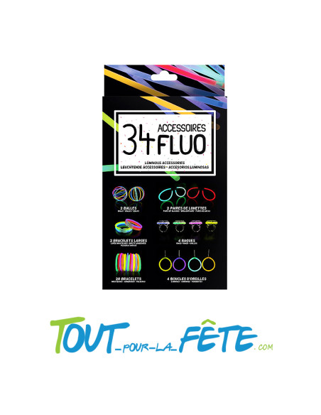 Kit 34 accessoires fluo (bracelets/lunettes/balles/bagues/boucles d'oreilles)