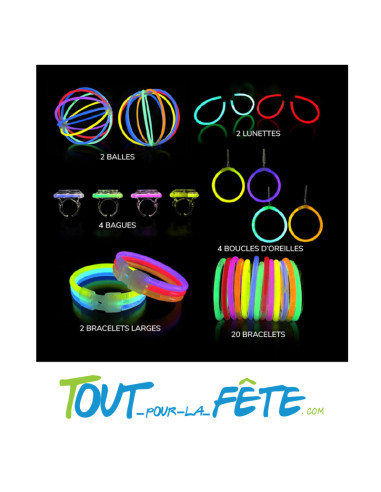 Kit 34 accessoires fluo (bracelets/lunettes/balles/bagues/boucles d'oreilles)