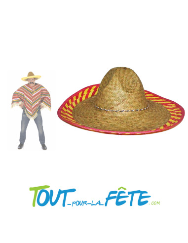 Sombrero mexicain en paille jaune et rouge