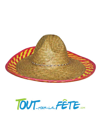 Sombrero mexicain en paille jaune et rouge