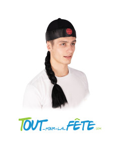 Bonnet chinois noir et rouge avec tresse