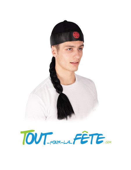 Bonnet chinois noir et rouge avec tresse