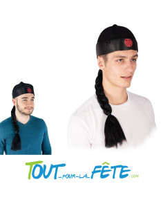 Bonnet chinois noir et rouge avec tresse 2