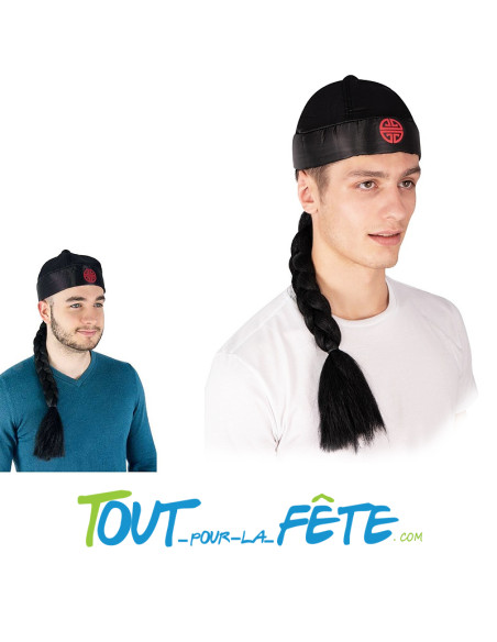 Bonnet chinois noir et rouge avec tresse
