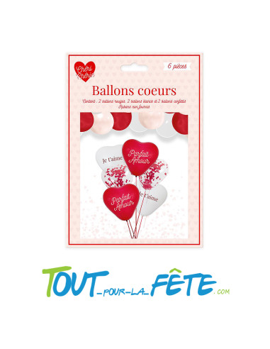Sachet de 6 ballons Cœur Rouge et Blanc