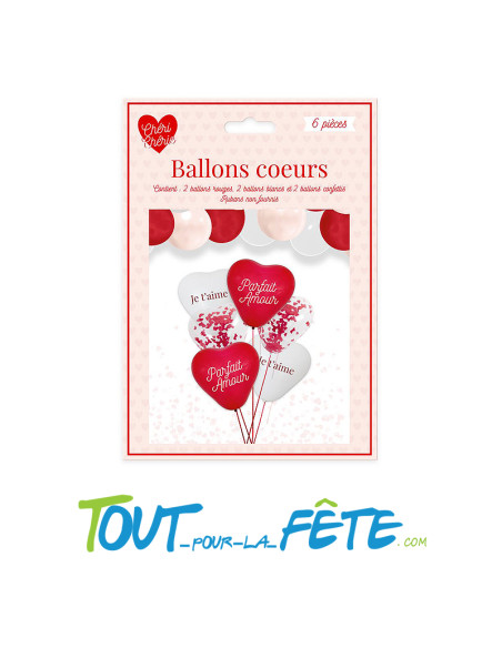 Sachet de 6 ballons Cœur Rouge et Blanc