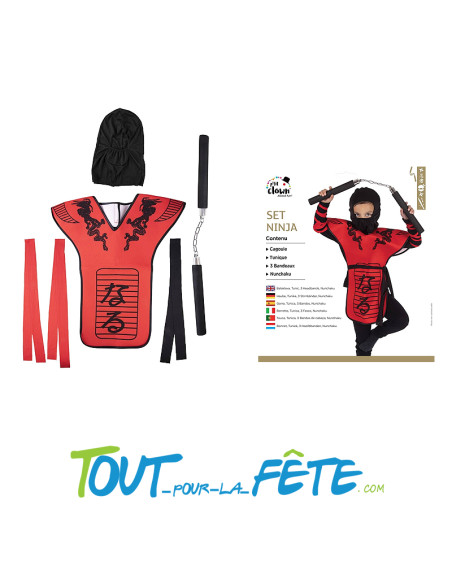 Set de ninja ( cagoule - tunique - 2 bandeaux - ceinture - nunchaku )