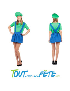 Déguisement adulte Plombier Luigi© vert et bleu Femme 2