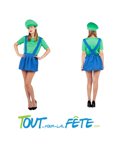 Déguisement adulte Plombier Luigi© vert et bleu Femme