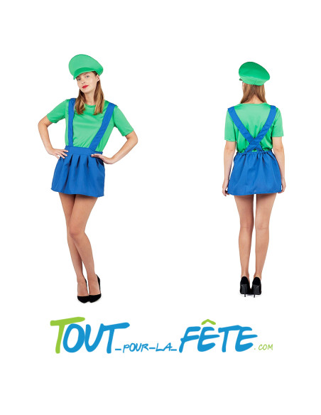 Déguisement adulte Plombier Luigi© vert et bleu Femme