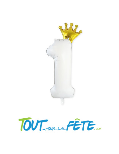 Ballon chiffre 1 blanc avec couronne doré 70cm