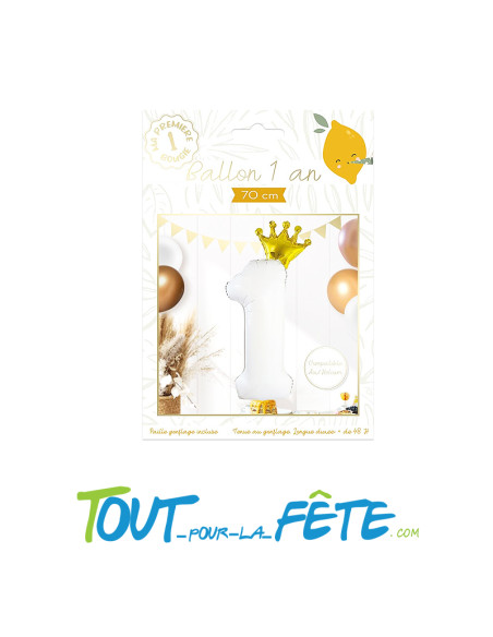 Ballon chiffre 1 blanc avec couronne doré 70cm