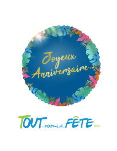Ballon aluminium rond Joyeux anniversaire tropical