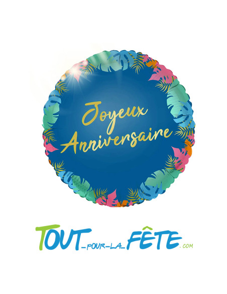 Ballon aluminium rond Joyeux anniversaire tropical