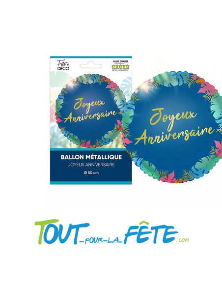Ballon aluminium rond Joyeux anniversaire tropical