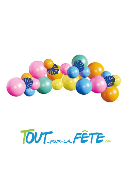 Kit de 30 ballons pour arche couleur multicolore + 4 feuilles tropicales
