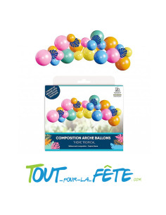 Kit de 30 ballons pour arche couleur multicolore + 4 feuilles tropicales