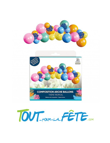 Kit de 30 ballons pour arche couleur multicolore + 4 feuilles tropicales
