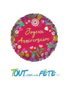Ballon aluminium rond Joyeux anniversaire fleur