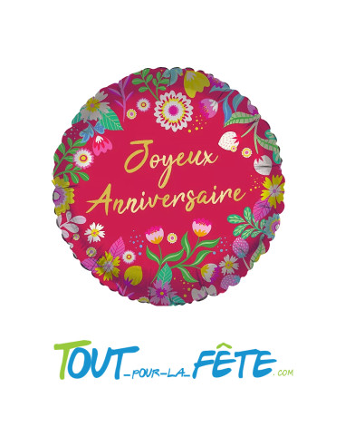 Ballon aluminium rond Joyeux anniversaire fleur