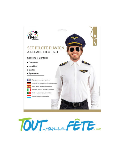 Set pilote d'avion (casquette, lunettes, insigne, épaulettes)