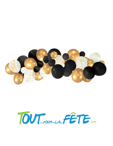 Kit arche à 40 ballons Noir, Or, Transparent avec confettis or