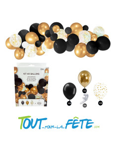 Kit arche à 40 ballons Noir, Or, Transparent avec confettis or